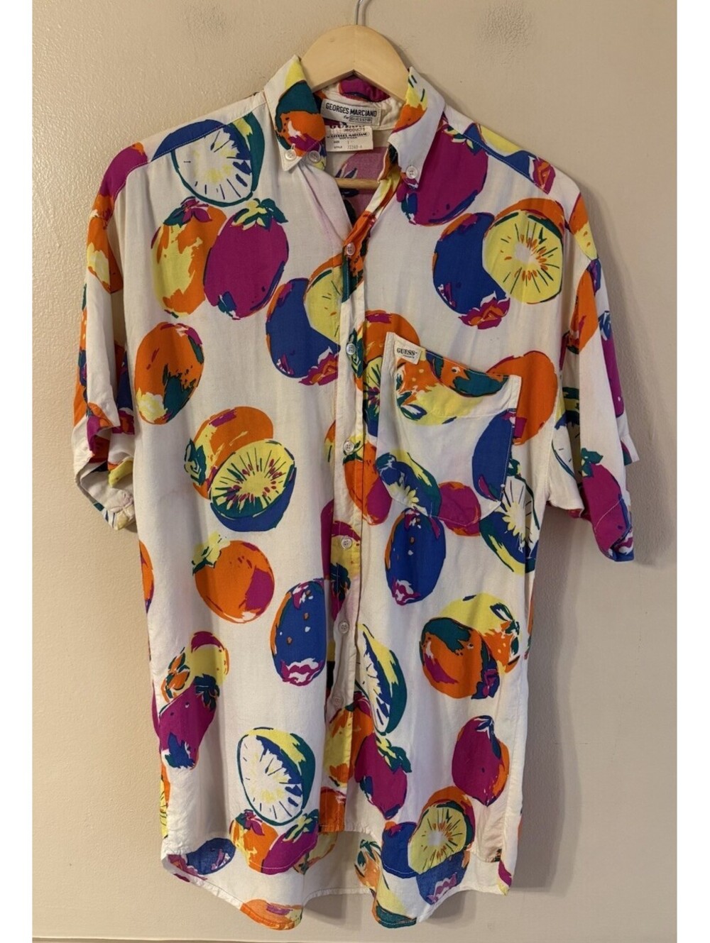Vintage 90s Guess Georges Marciano Fruit Print Button Up Shirt Mens S USA Made
